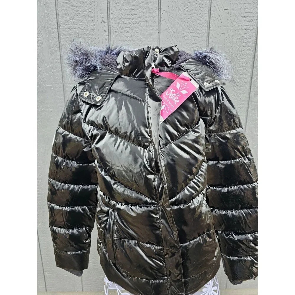 Justice Girls Black Puffer Jacket Hood Sherpa Lined Full Zip Pockets‎ Size S 7/8